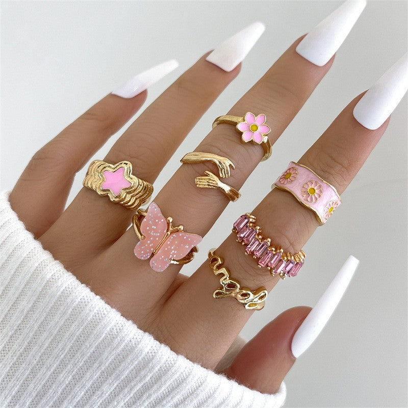 European American Tai Chi Pink Diamond Flower & Heart Ring Set