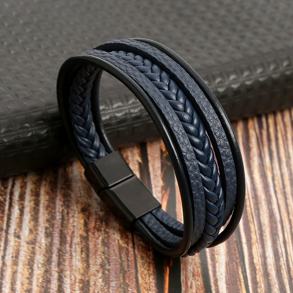 Retro Multilayer Leather Bracelet with Magnetic Buckle for Men