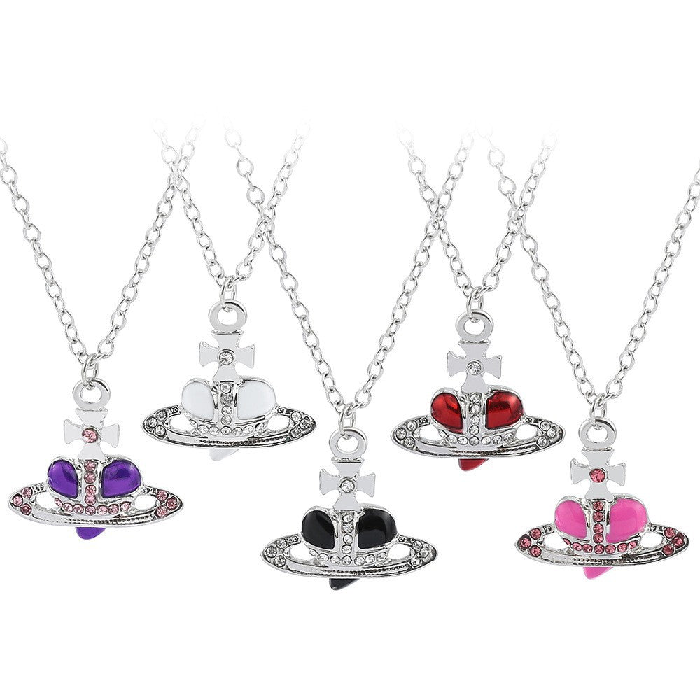 Heart Shape Alloy Pendant Necklace with Rhinestone Inlay and Glass Planet Charm