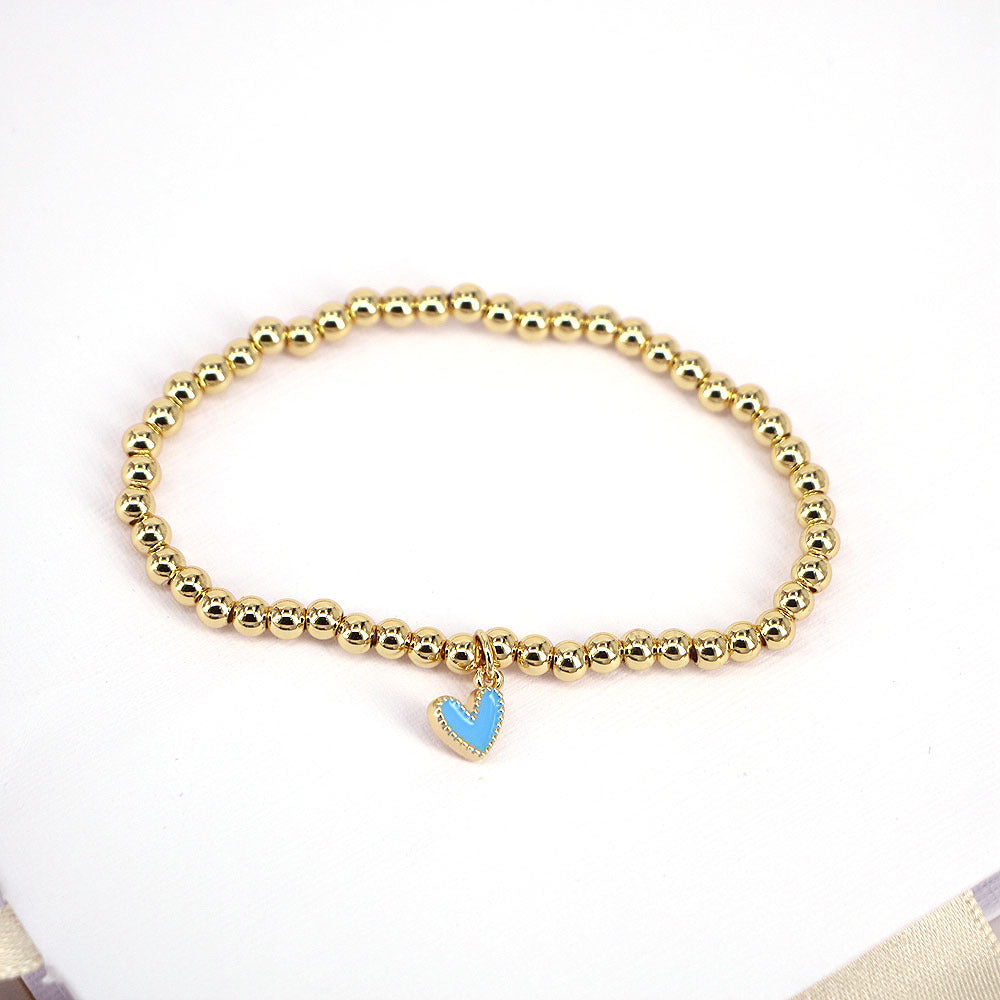 Gold Ball Beaded Heart-shaped Elastic Bracelet with Colorful Oil Drop Accents