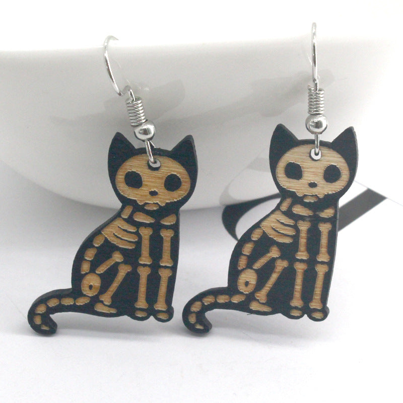 Gothic Black Cat Resin and Wood Drop Earrings
