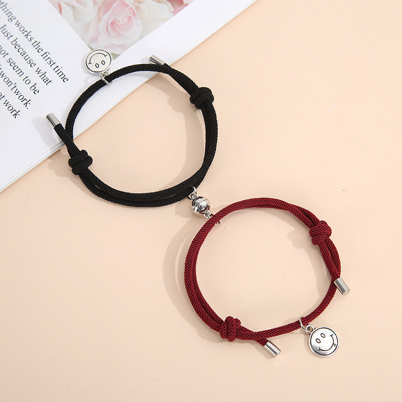 Magnetic Smiley Face Couple Bracelet Set - Handmade Woven Jewelry