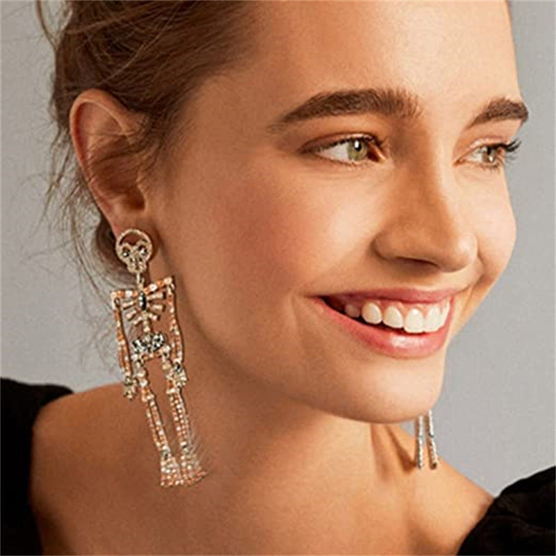Skull Skeleton Rhinestone Drop Earrings for Halloween Party
