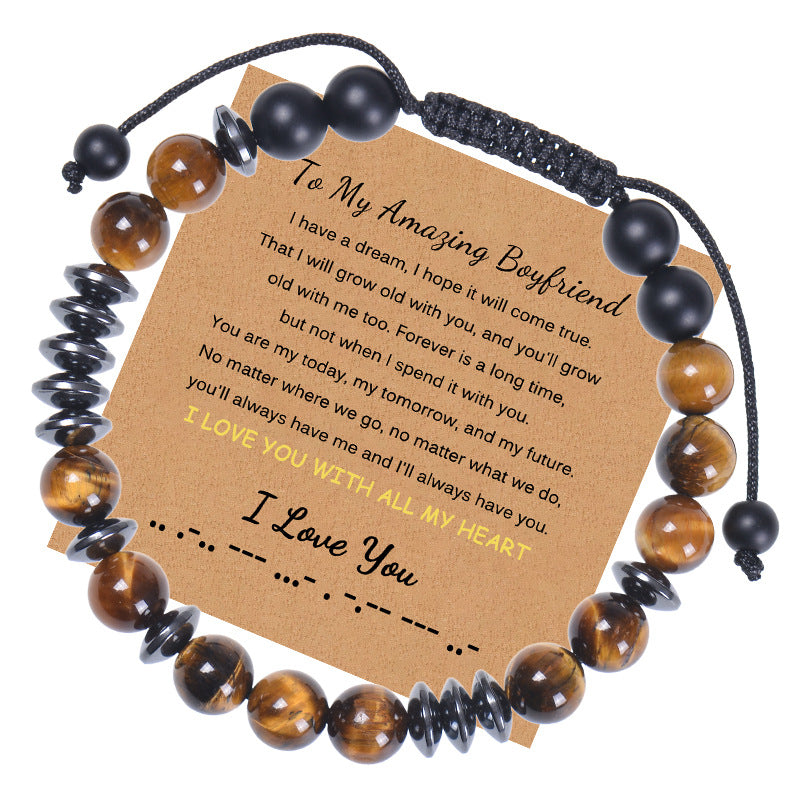 Geometric Natural Stone Tiger Eye Morse Code Bracelet for Men