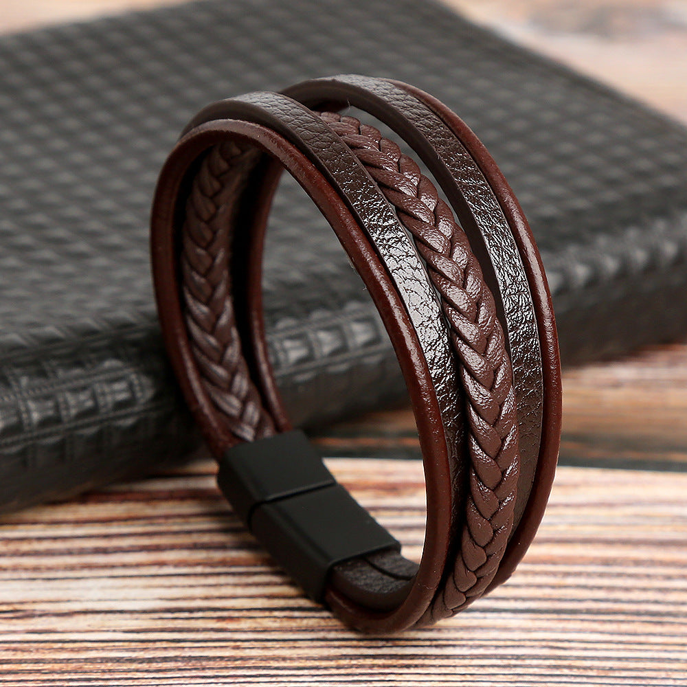 Retro Multilayer Leather Bracelet with Magnetic Buckle for Men