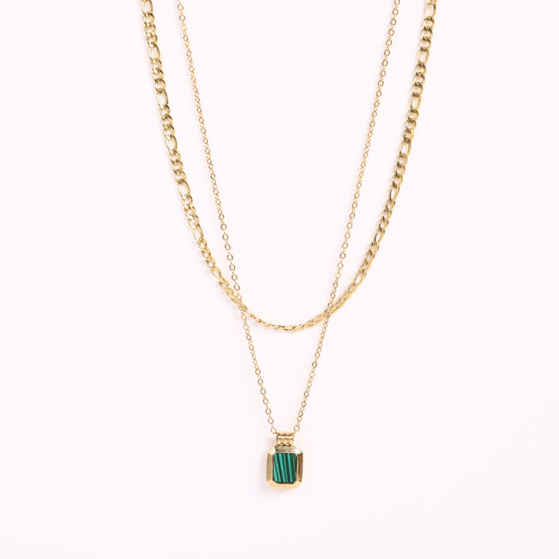 Simple Double Layered Turquoise and Square Pearl Pendant Stainless Steel Necklace