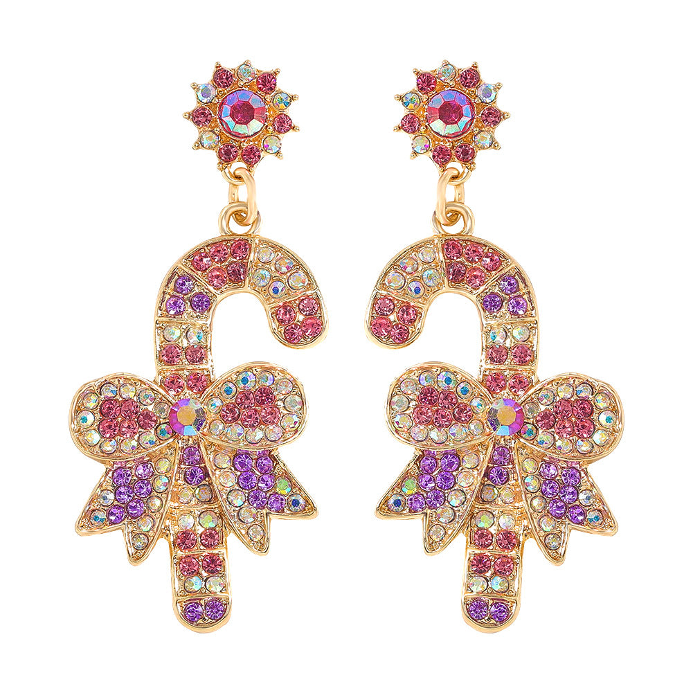 New Christmas Rhinestone Scepter Bow Earrings with Candy Cane Charm