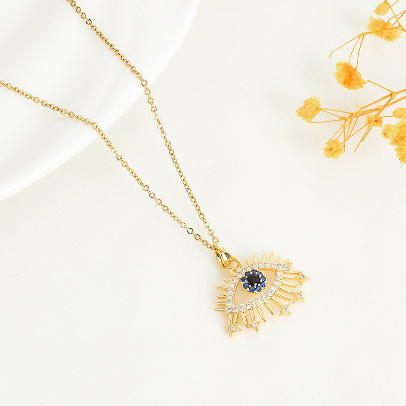 Vintage Evil Eye Blue Zircon Inlay Stainless Steel Pendant Necklace