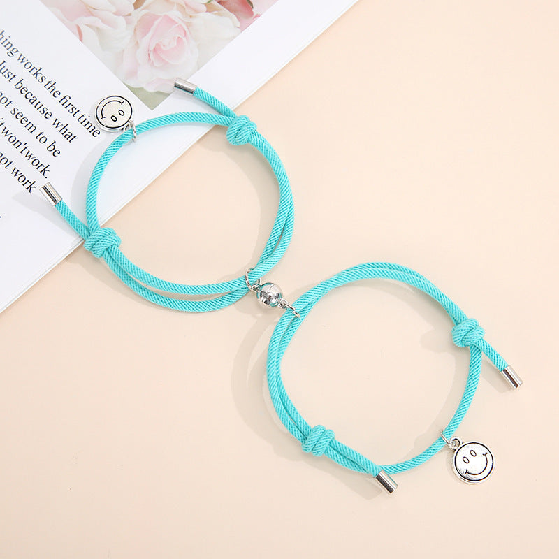 Magnetic Smiley Face Couple Bracelet Set - Handmade Woven Jewelry