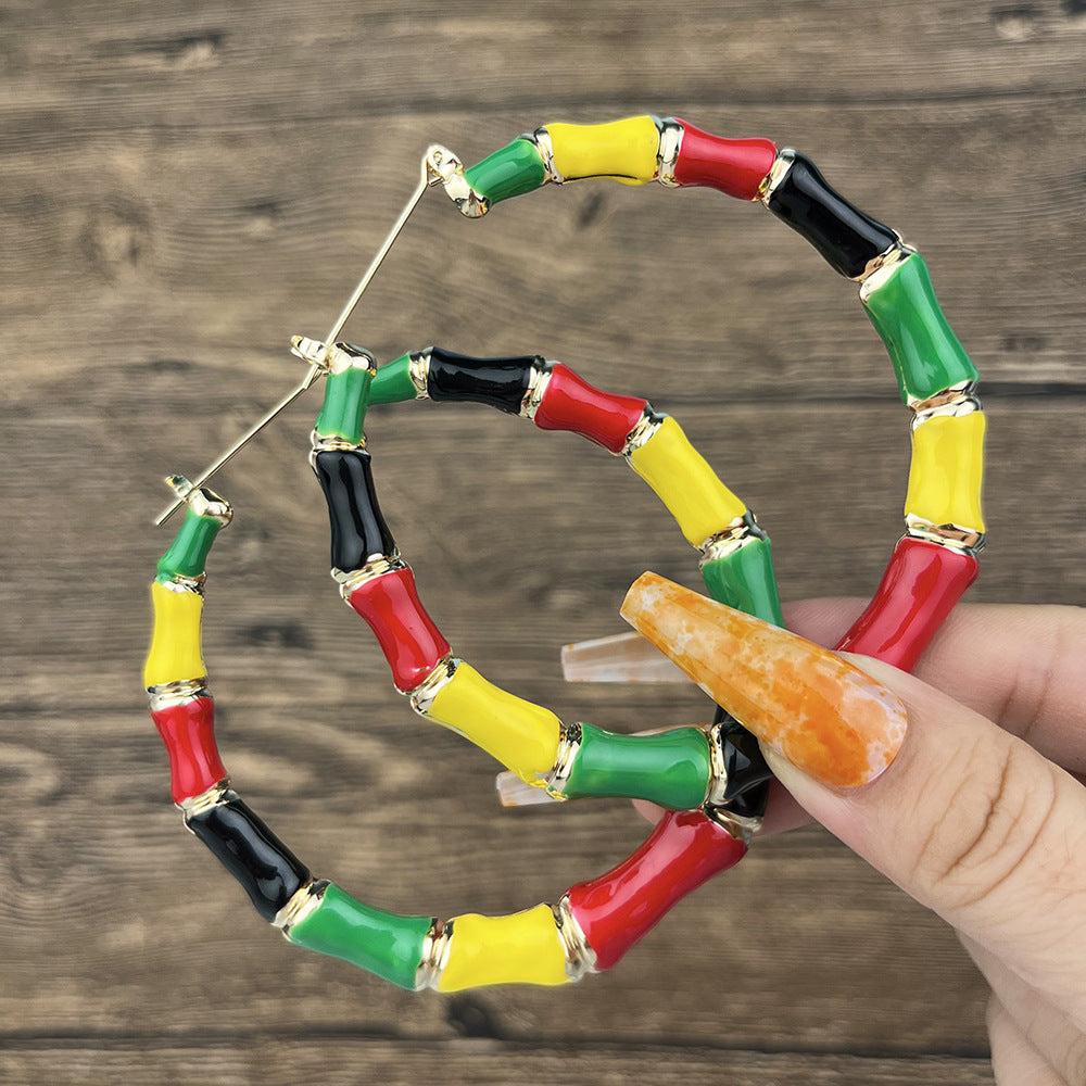 Colorful Heart & Bamboo Hoop Enamel Earrings 2023