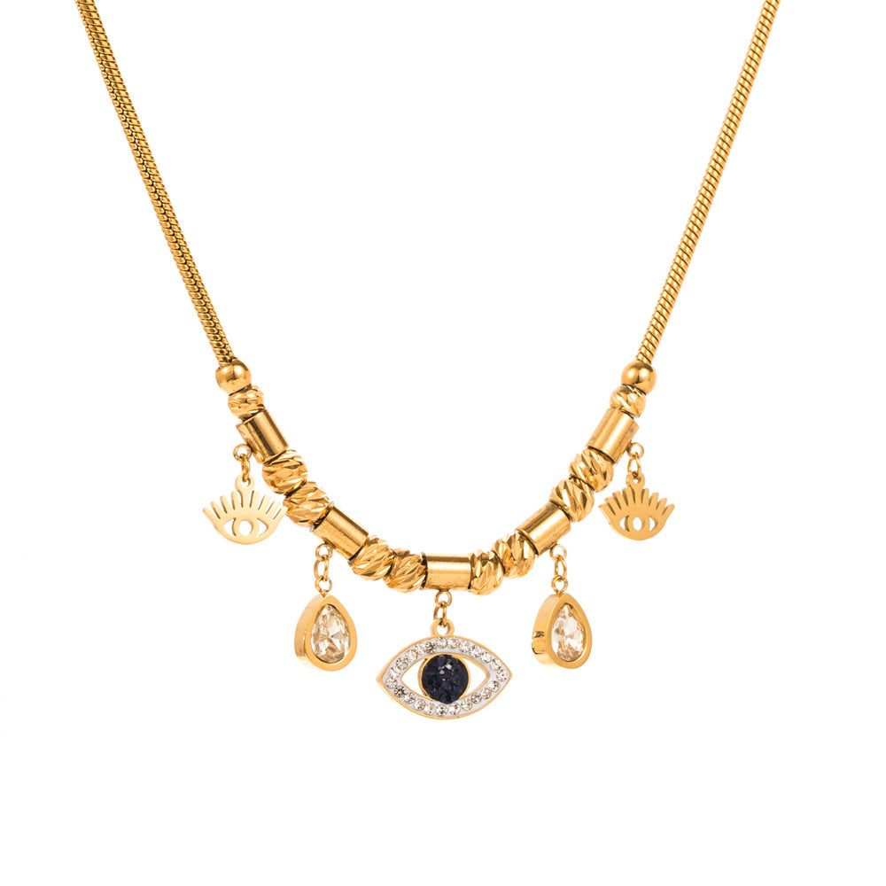 Hip-Hop Pentagram Evil Eye Gold Plated Zircon Titanium Steel Necklace