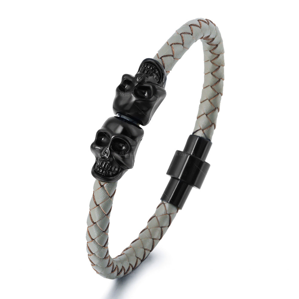 European American Cowhide Skull Magnetic Clasp Men's Bracelet