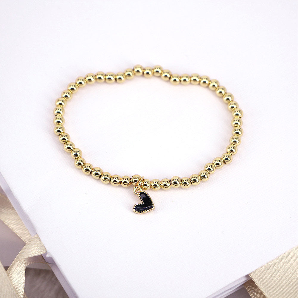 Gold Ball Beaded Heart-shaped Elastic Bracelet with Colorful Oil Drop Accents