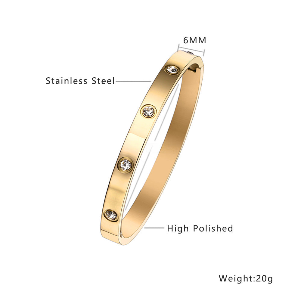 Simple Heart Shape Diamond Gold-Plated Titanium Steel Bangle Bracelet