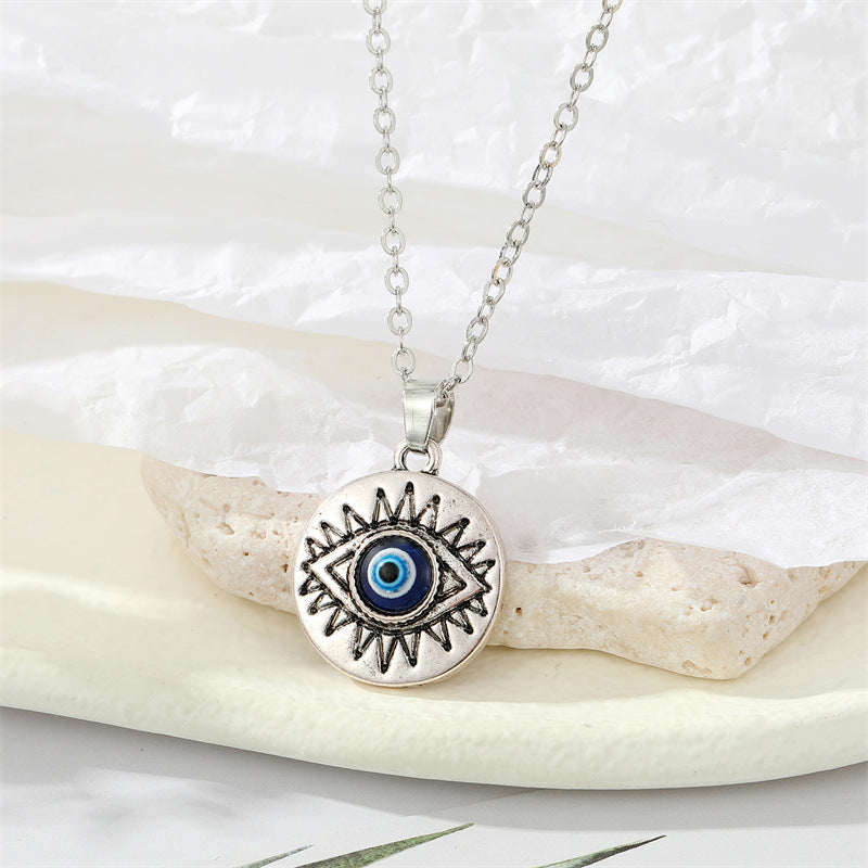 Alloy Turkish Evil Eye Pendant Necklace with Geometric Carving Design