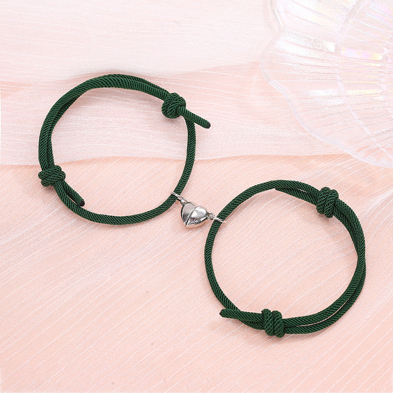 Heart-shaped Magnetic Couple Bracelets Set - Alloy Love Charm Rope Jewelry