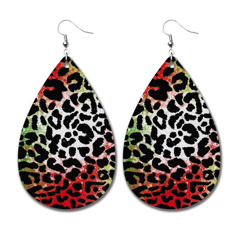 Retro Santa Claus Cattle Plaid Leopard PU Leather Water Drop Christmas Earrings for Women