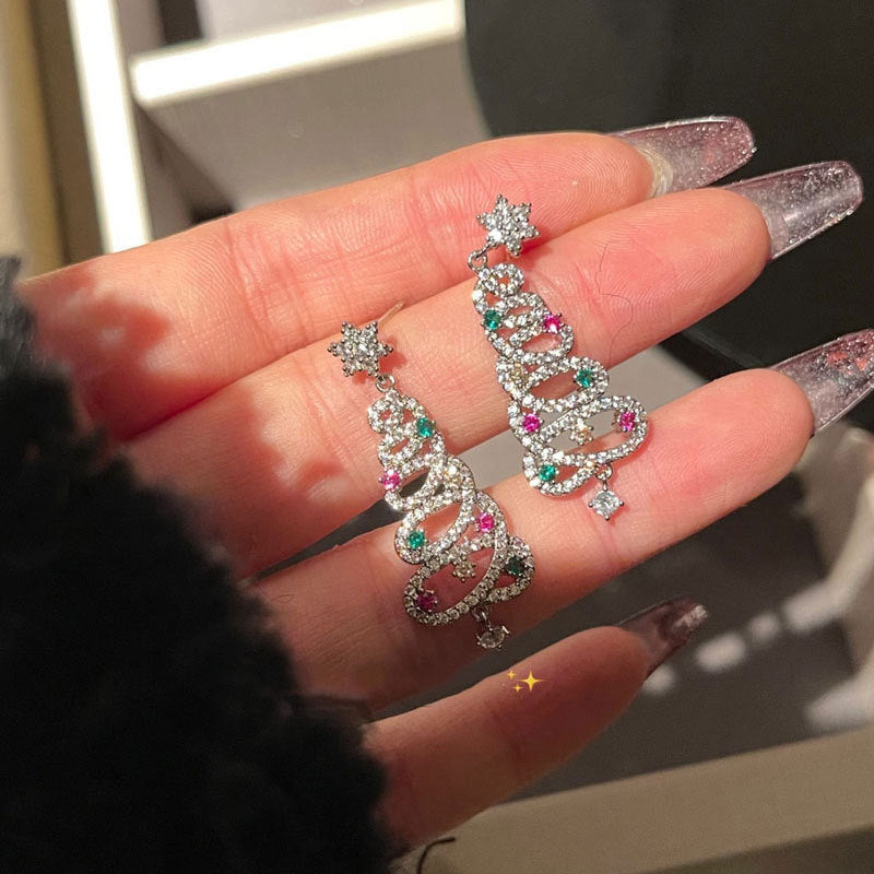 Fashion Rotatable Christmas Tree Snowflake Zircon Stud Earrings in 925 Silver
