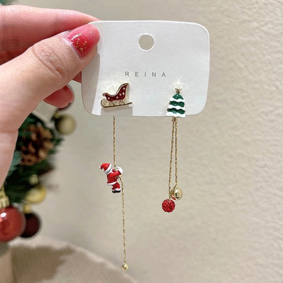 Cartoon Style Christmas Tree Santa Claus Asymmetric Enamel Drop Earrings