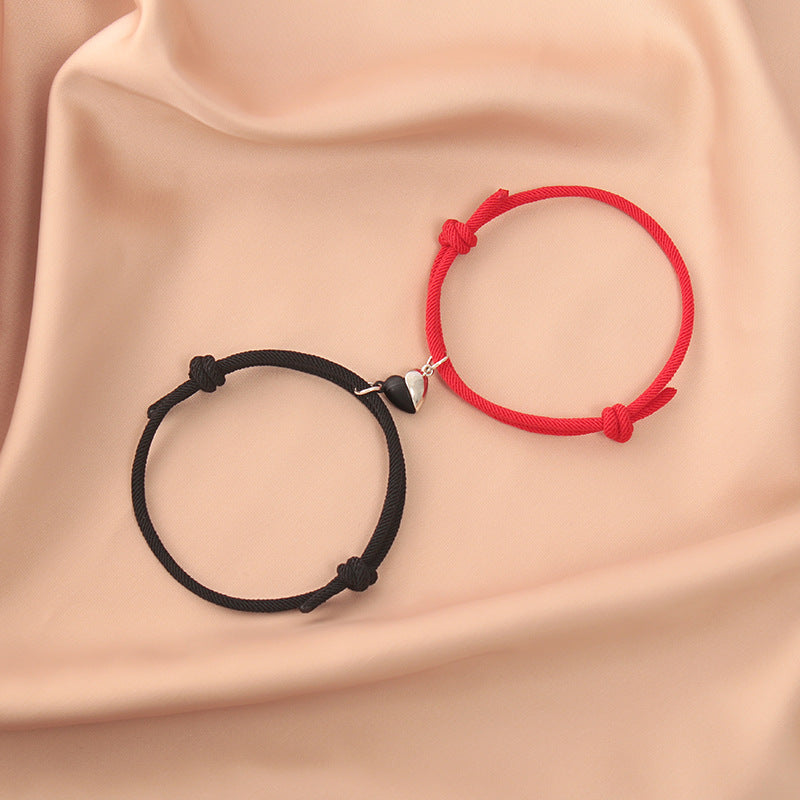 Fashion Black White Heart Magnet Rope Bracelet Pair Set Jewelry