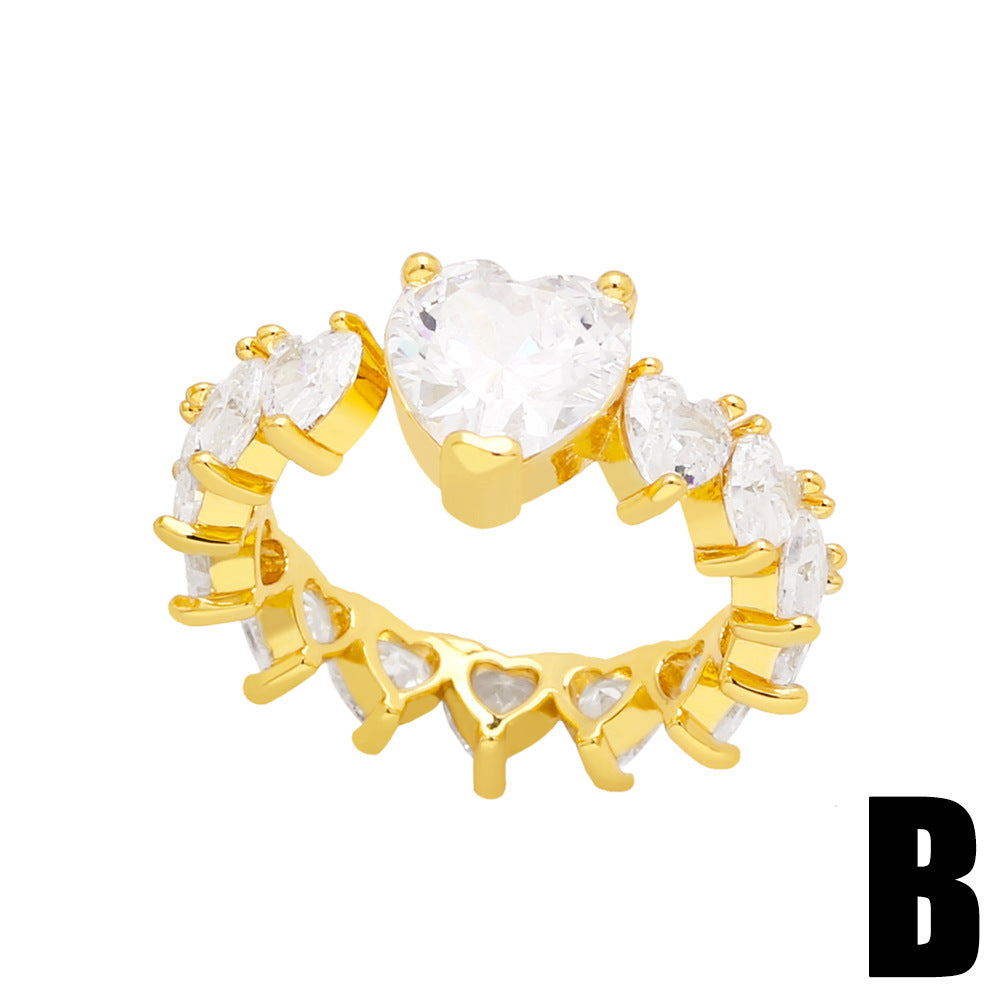 Fashion Heart Leaf Zircon Gold Plated Open Ring