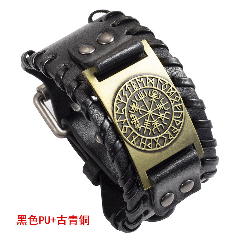 Simple Retro Nordic Viking Compass Leather Bracelet