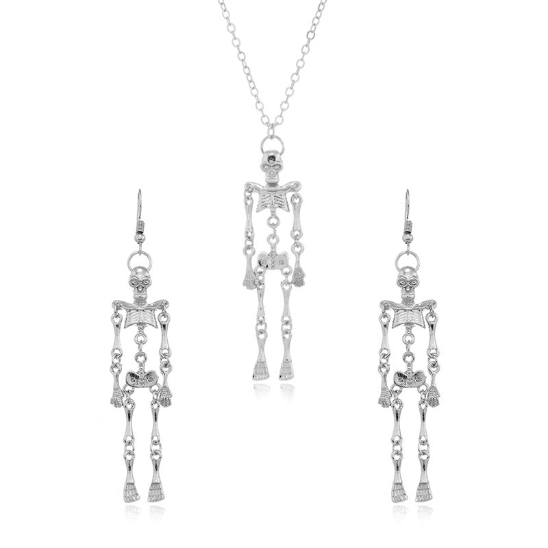 Geometric Alloy Earrings and Vintage Halloween Skull Pendant Necklace Set