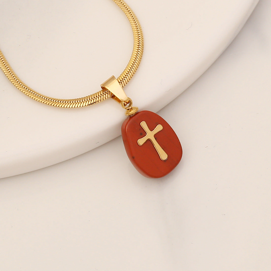 Fashion Stainless Steel Natural Stone Cross Pendant Necklace