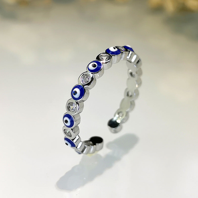 Fashion Jewelry Copper Ring with Micro-inlaid White Zircon and Enamel Evil Eye Design