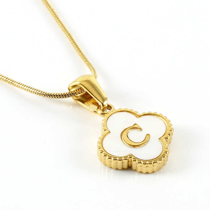 Clover Shell Letter Pendant Gold Plated Stainless Steel Snake Chain Necklace