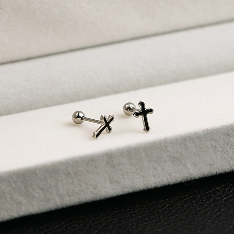 1 Pair Geometric Black Flower Stainless Steel Enamel Cross Heart Stud Earrings