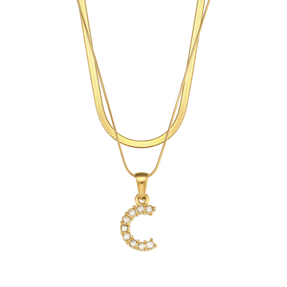 18K Gold Plated Double-Layer Zircon Letter Stainless Steel Necklace