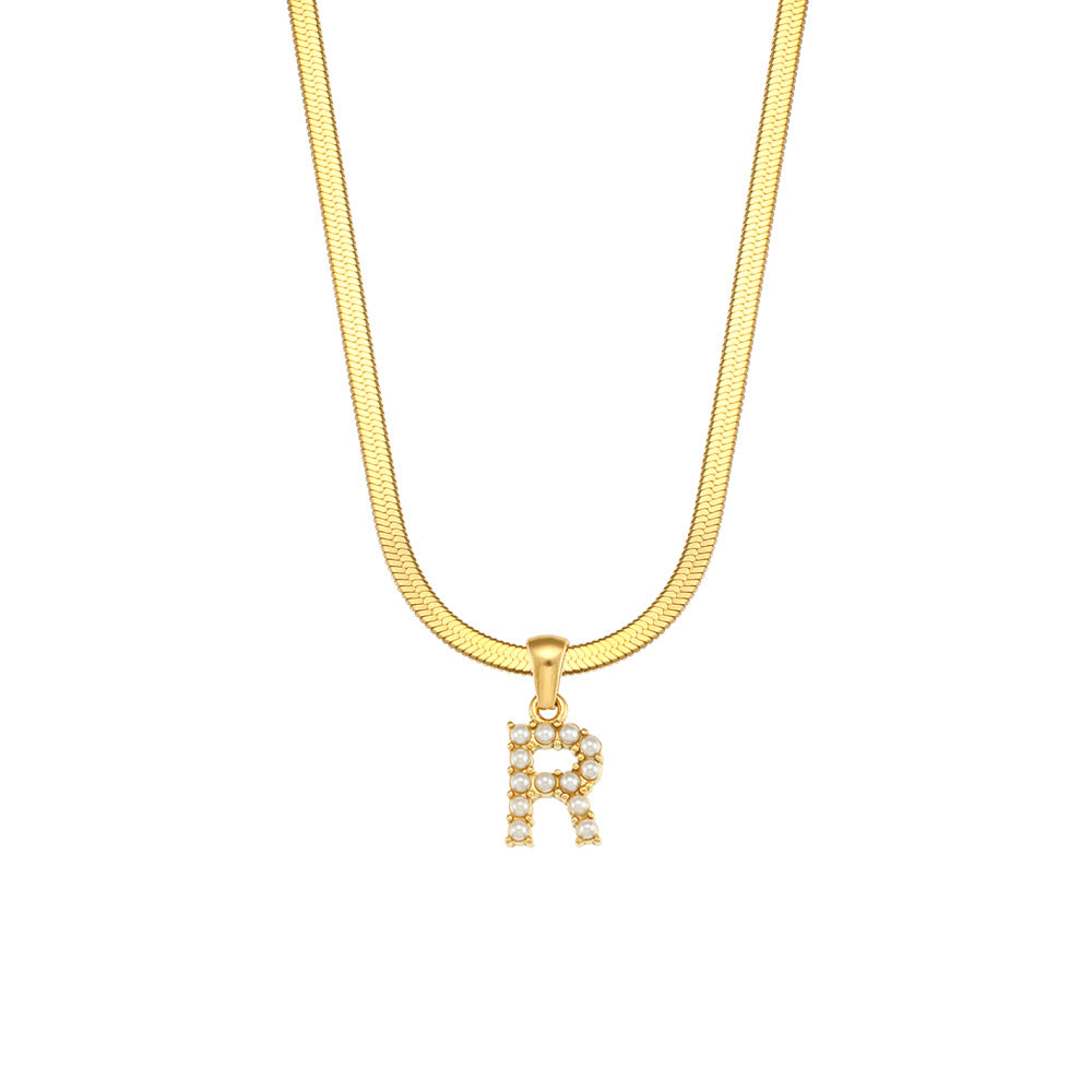 Elegant Letter Pendant Necklace with 18K Gold Plated Snake Chain and Artificial Pearls