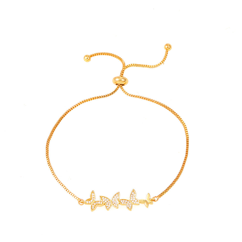 IG Style Sweet Oval Flower & Butterfly Zircon 14K Gold Plated Adjustable Bracelet