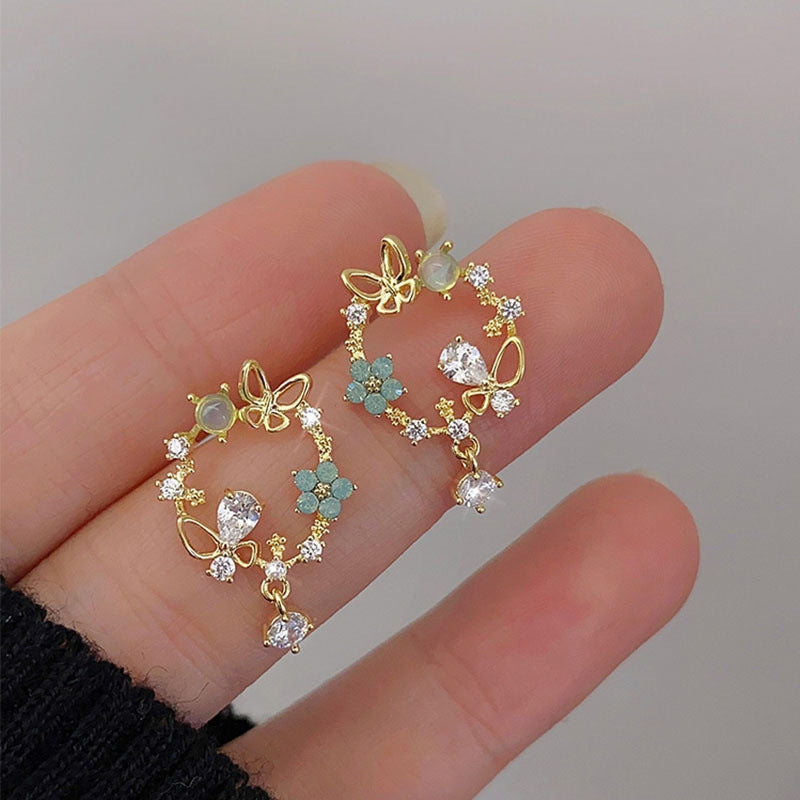 Sweet Vintage Flower Butterfly Alloy Rhinestone Earrings
