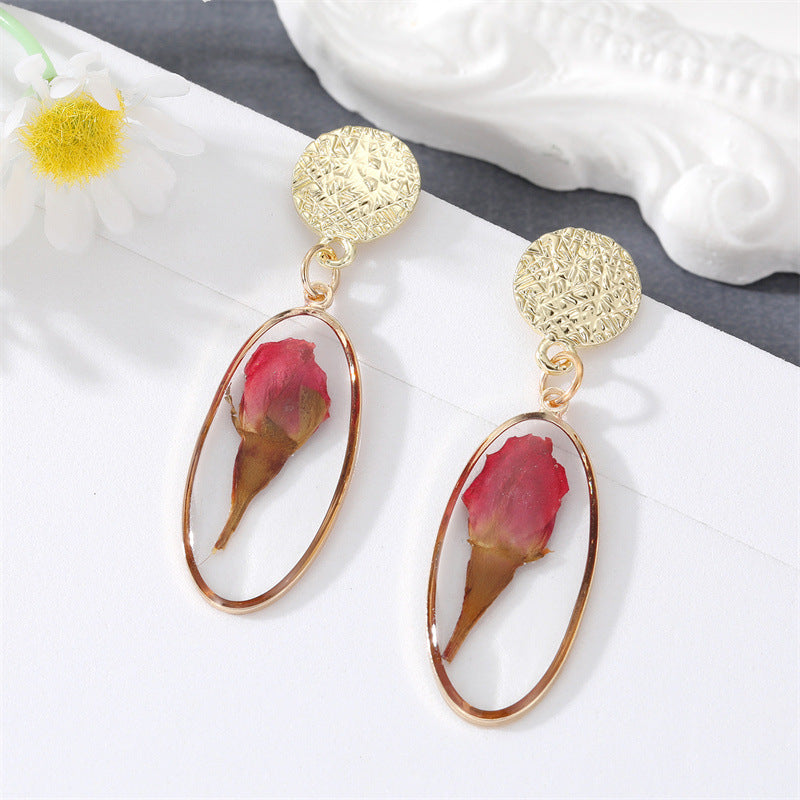 Fashion Ethnic Geometric Daisy Rose Dried Flower Pendant Earrings