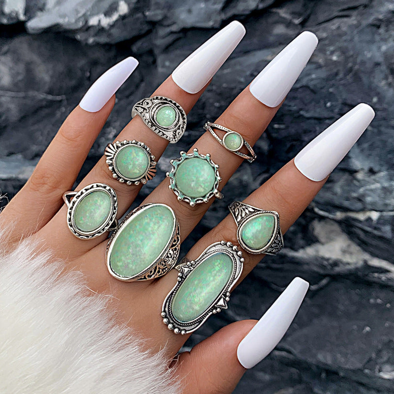 Retro Geometric Alloy Inlay Opal Gemstone Ring Set - 8 Pieces