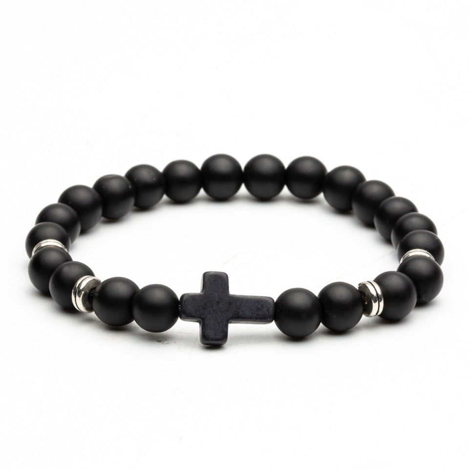Black Stone Cross Elastic Bracelet with Volcanic and Frosted Beads