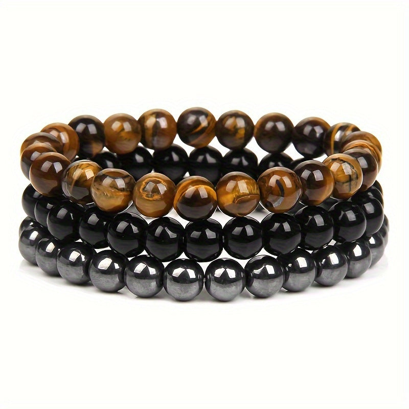 Geometric Natural Stone Agate and Tiger Eye Beaded Unisex Bracelet Set