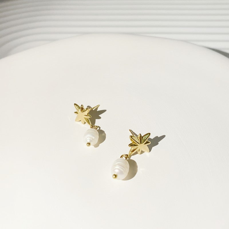 Retro Star Freshwater Pearl Gold Plated Drop Earrings