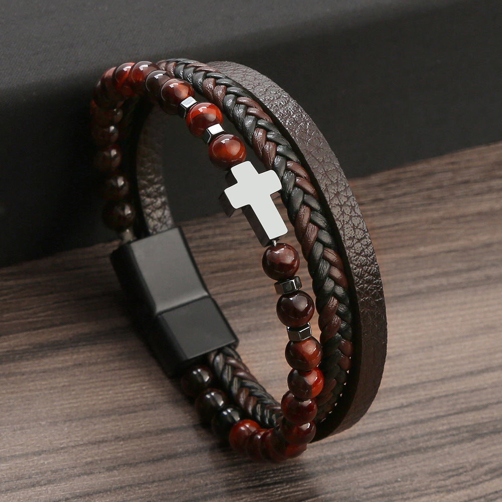 Retro Cross Alloy Natural Stone Tiger Eye Men's Bracelet
