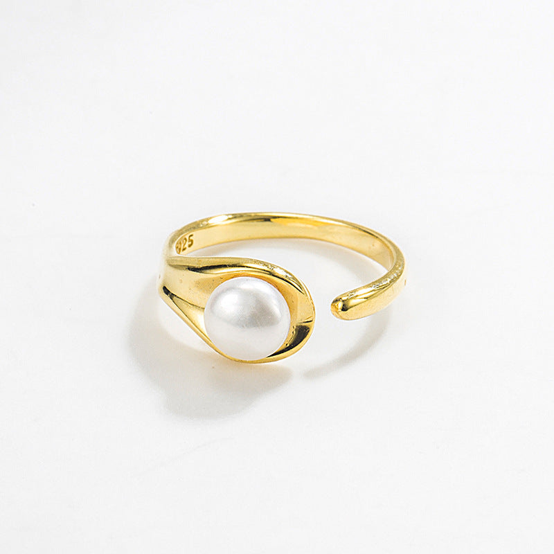 Elegant Geometric S925 Sterling Silver Natural Pearl Open Ring