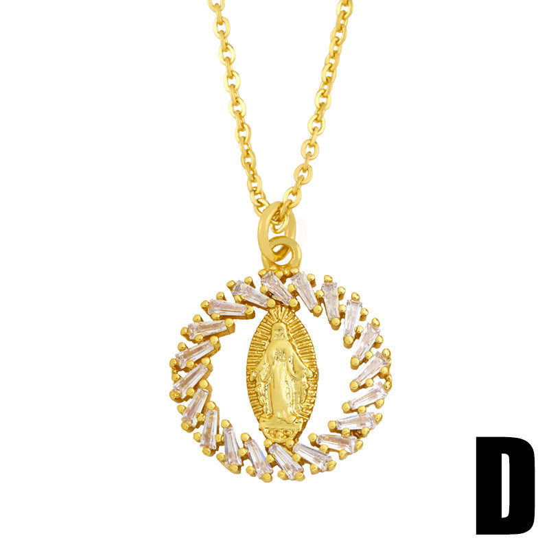 Micro-inlaid Zircon Virgin Mary Heart Pendant Copper Necklace