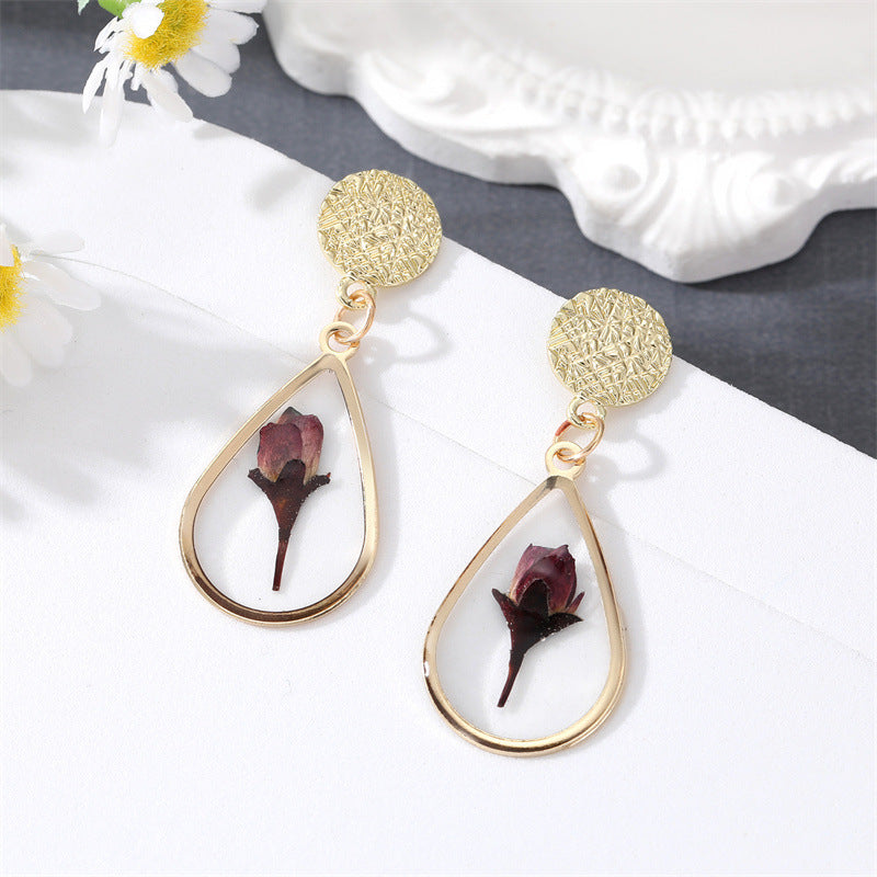 Fashion Ethnic Geometric Daisy Rose Dried Flower Pendant Earrings