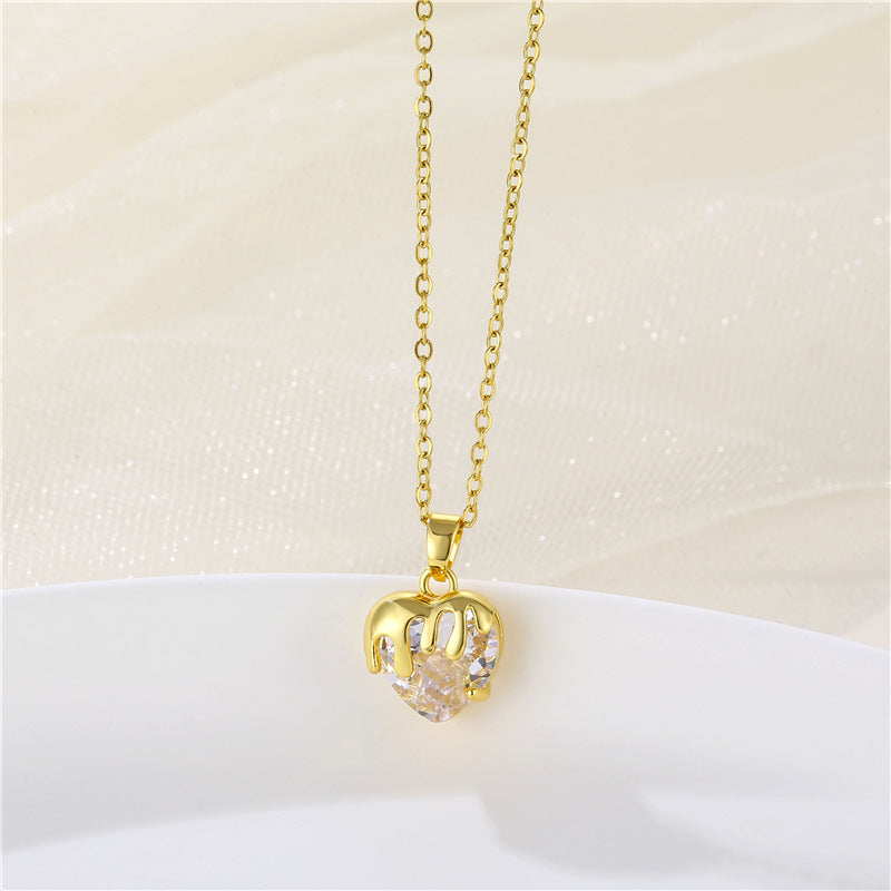 Simple Heart-Shaped Stainless Steel Zircon Crystal Necklace