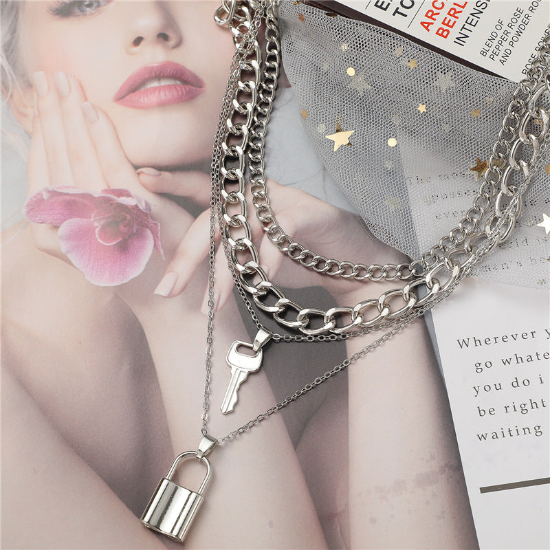 New Fashion Creative Key Lock Pendant Multi-Layer Chain Necklace for Women