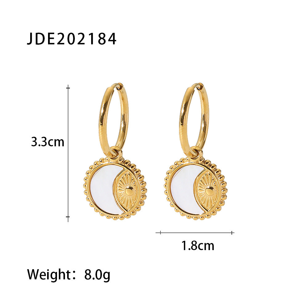 Vintage Sun Moon 14k Gold Plated Stainless Steel Earrings with Shell Inlay