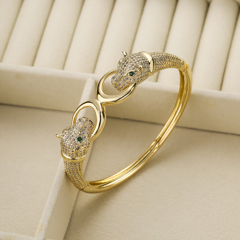 Hip-Hop Leopard Zircon 18K Gold Plated Bangle Bracelet