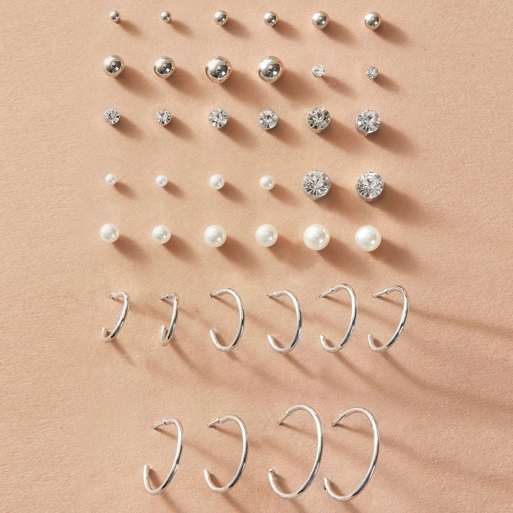 INS Style Retro Unisex Alloy Earrings Set - Heart Studs, Creative Vintage Number Hoops, Pearl C-Shaped Hoops