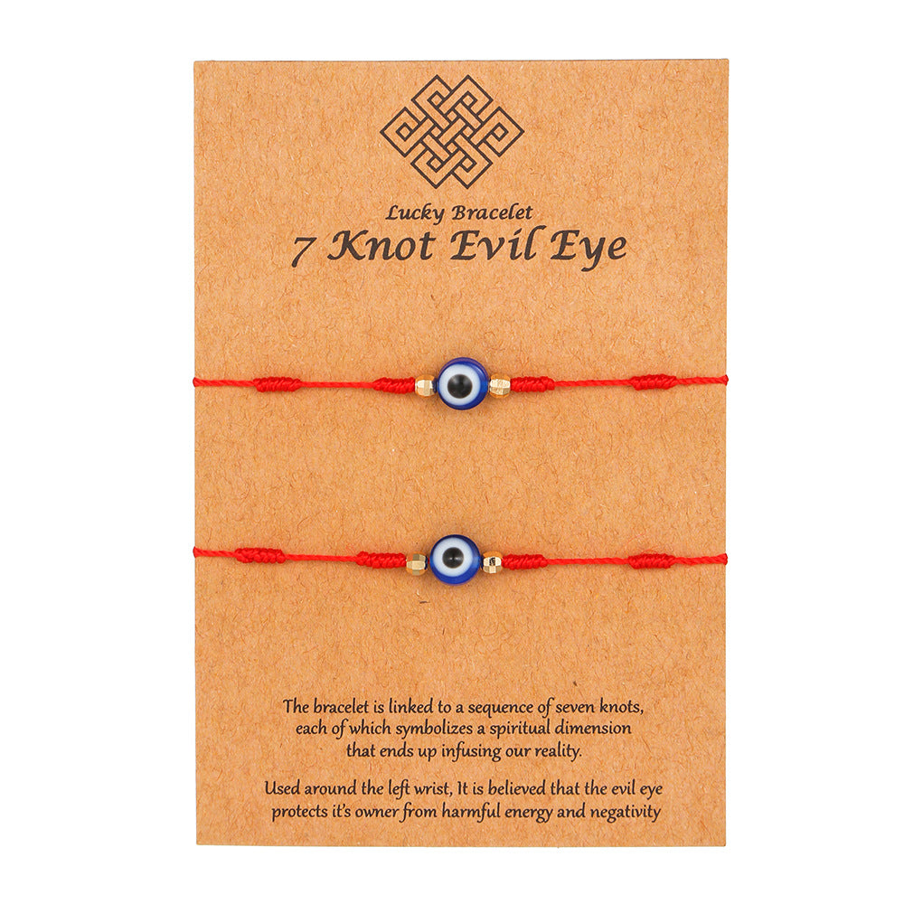 Halloween Demon Eye Braided Bracelet - Red & Blue 7-Knot Adjustable String for Couples